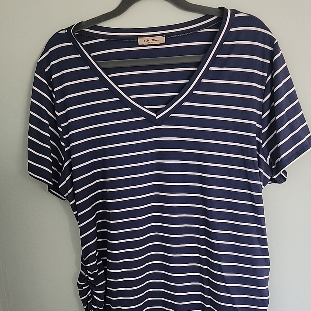 Navy Blue Striped V-Neck Maternity Top by Full Moon